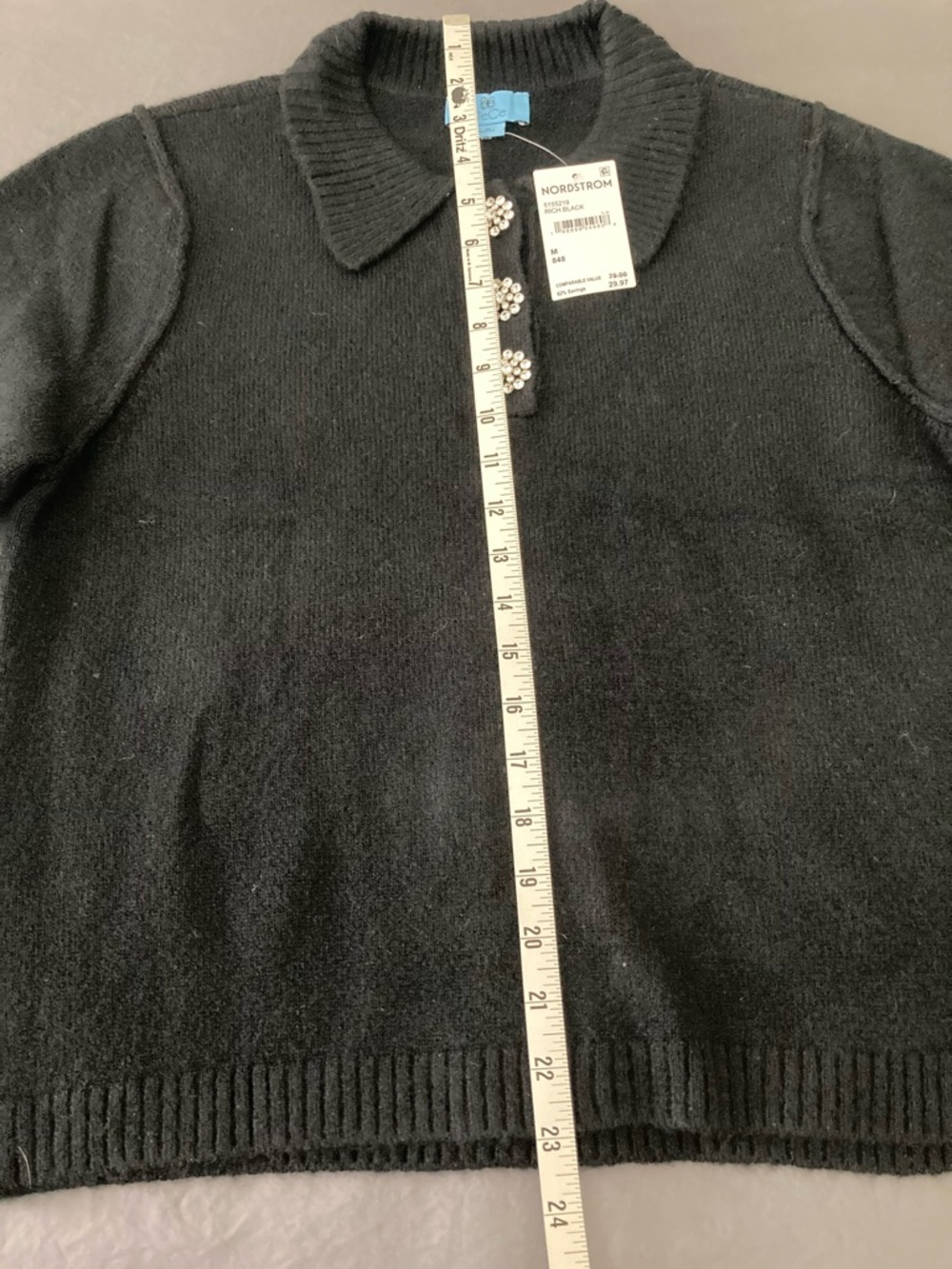 CeCe Black Short-Sleeve Knit Sweater with Rhinestone Flower Buttons - Picture 4 of 6